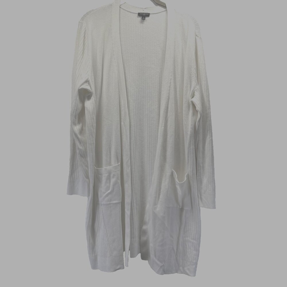 Talbots Women's Cardigan 14 16 Solid White Pockets Long Sleeve Tunic Ribbed Knit